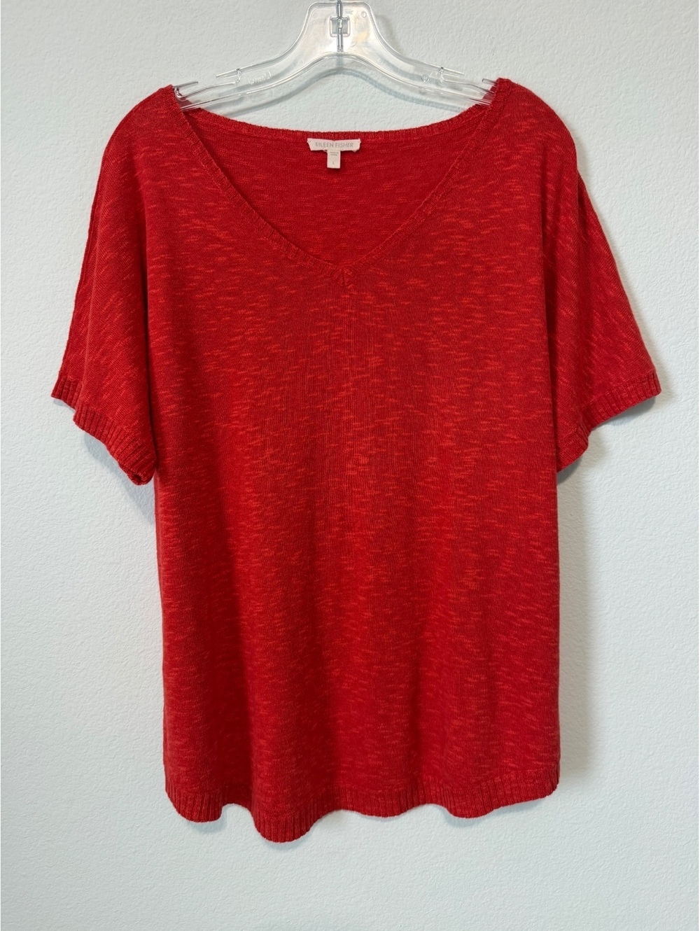 Eileen Fisher Linen Blend Short Sleeve V-Neck Rust Orange Sweater Women's Size L